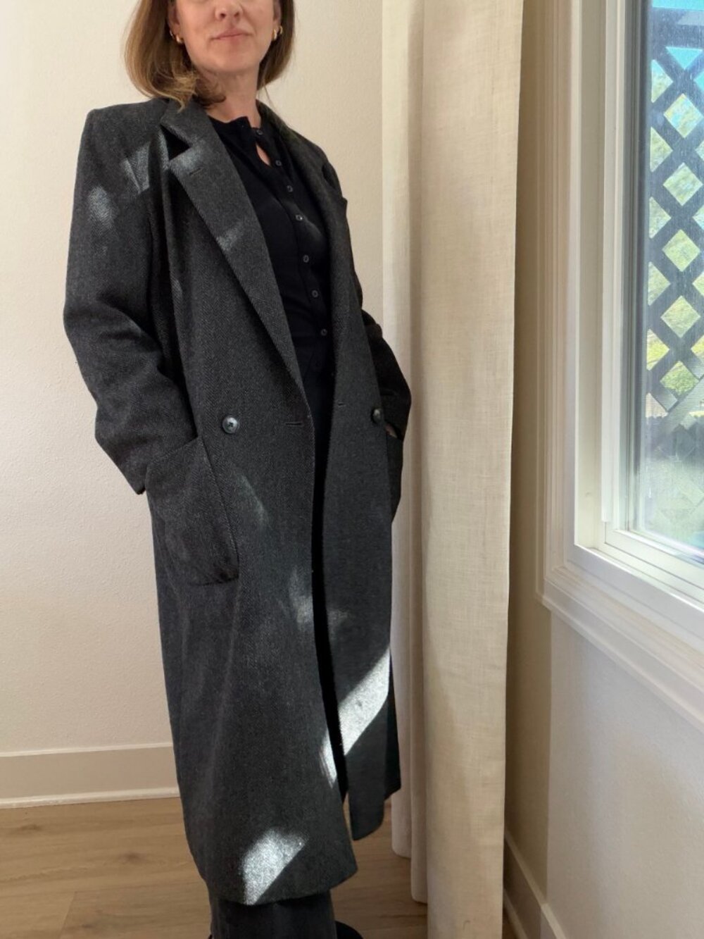 Vintage 80s Karen Charcoal Herringbone Wool Long Double Breasted Overcoat
